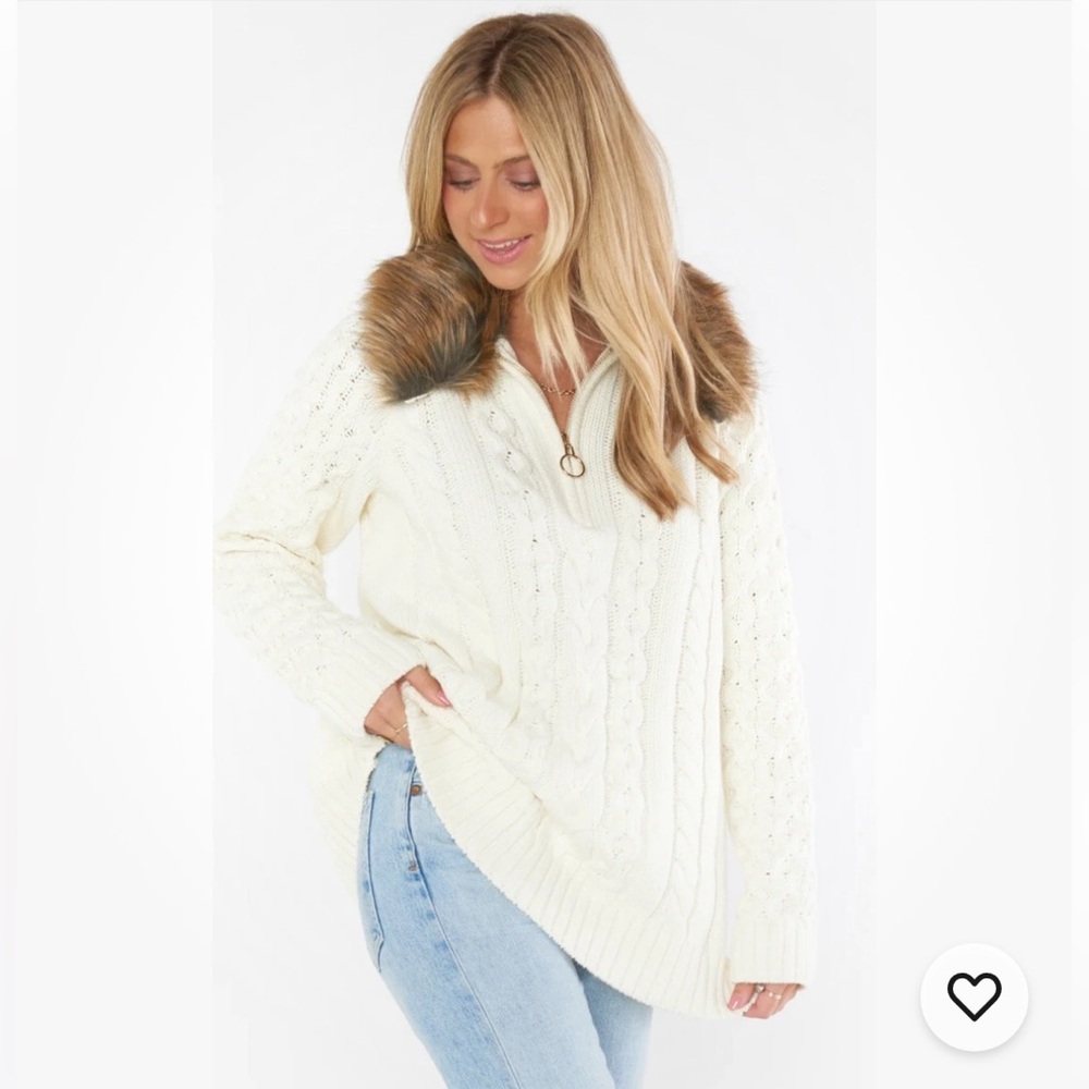 Show Me Your Mumu Sun Valley Pullover Cream Cable Knit Sweater with fur collar